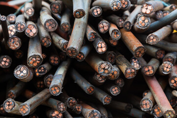 Cut copper cable ends bundled for recycling
